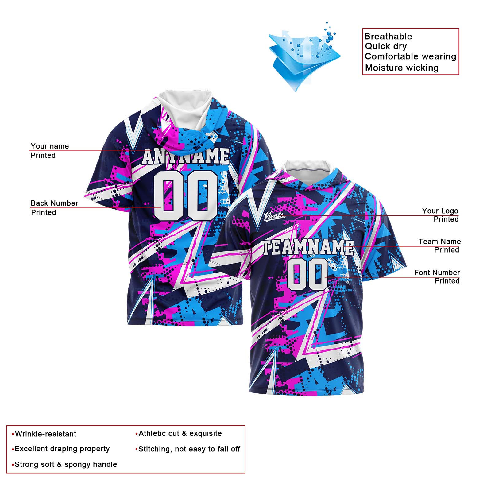 Custom Navy Pink Blue Short Sleeve Hoodies for Men Women Shirts with Hoods Printed Name Logo enthsush