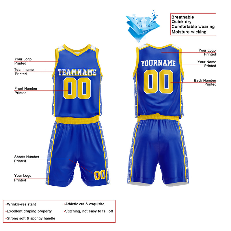 Custom Basketball Jersey Uniform Suit Printed Your Logo Name Number Royal-Yellow enthsush
