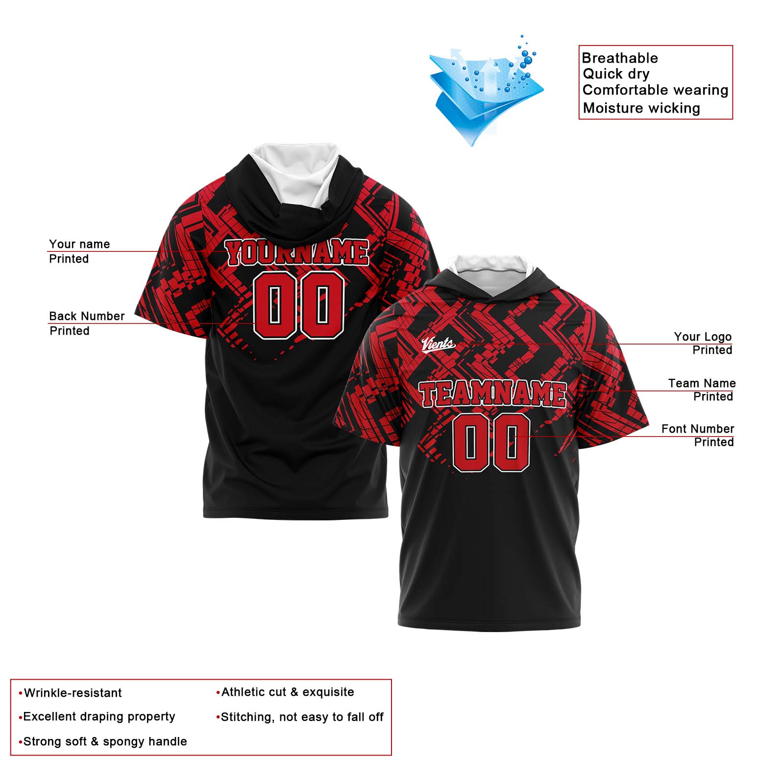 Custom Red Black Short Sleeve Hoodies for Men Women Shirts with Hoods Printed Name Logo enthsush