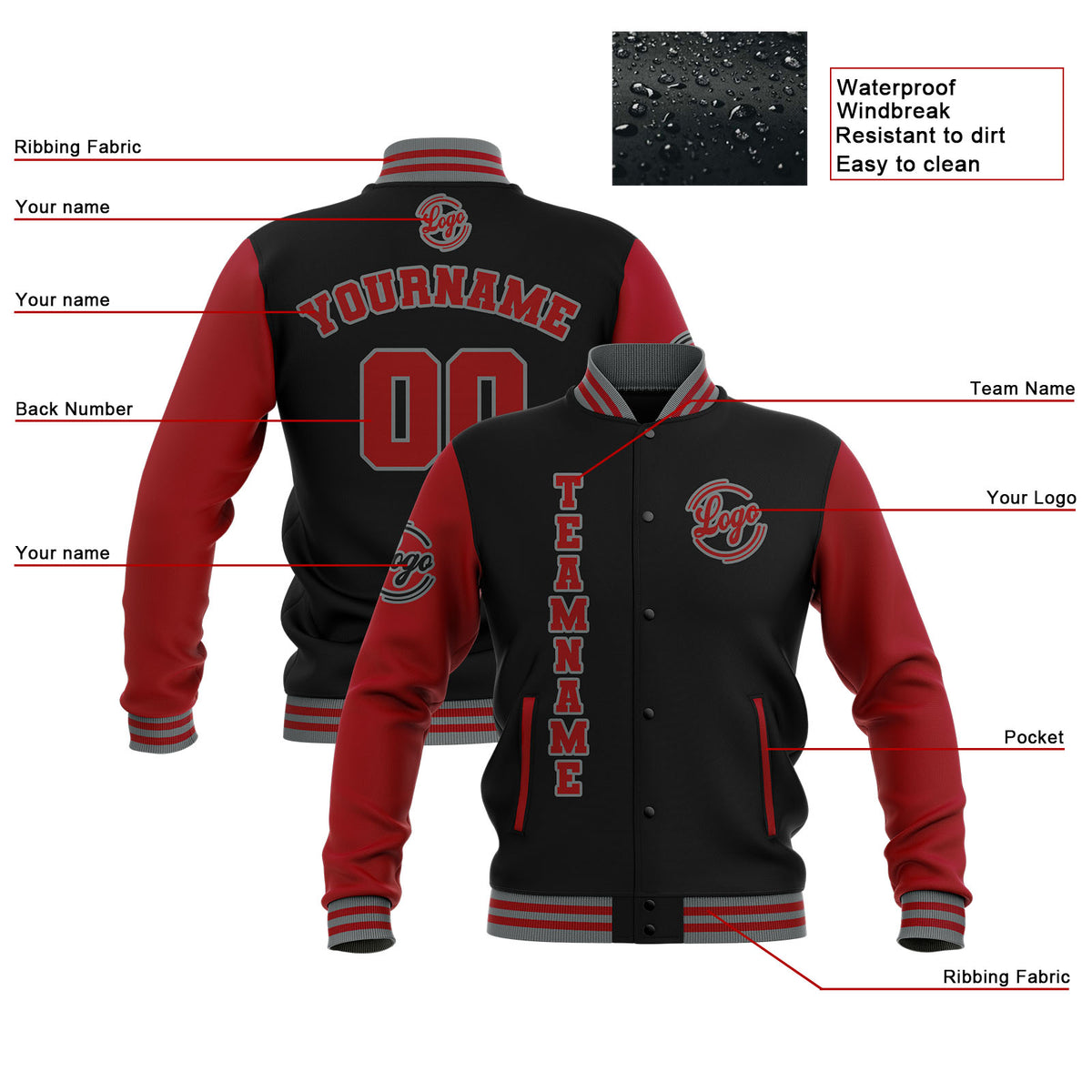 Custom Black Red Grey Waterproof Varsity Jackets Personalized Stitched Name Number Logo to Letterman Jackets enthsush