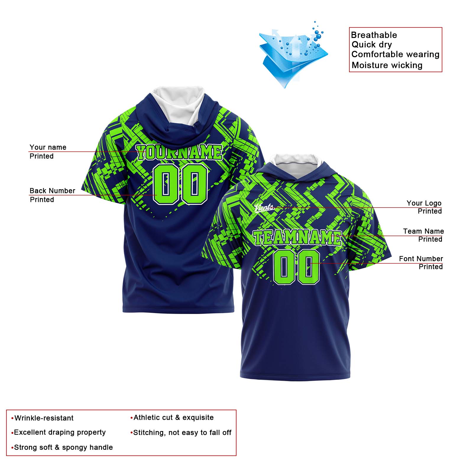 Custom Navy Neon Green Short Sleeve Hoodies for Men Women Shirts with Hoods Printed Name Logo enthsush