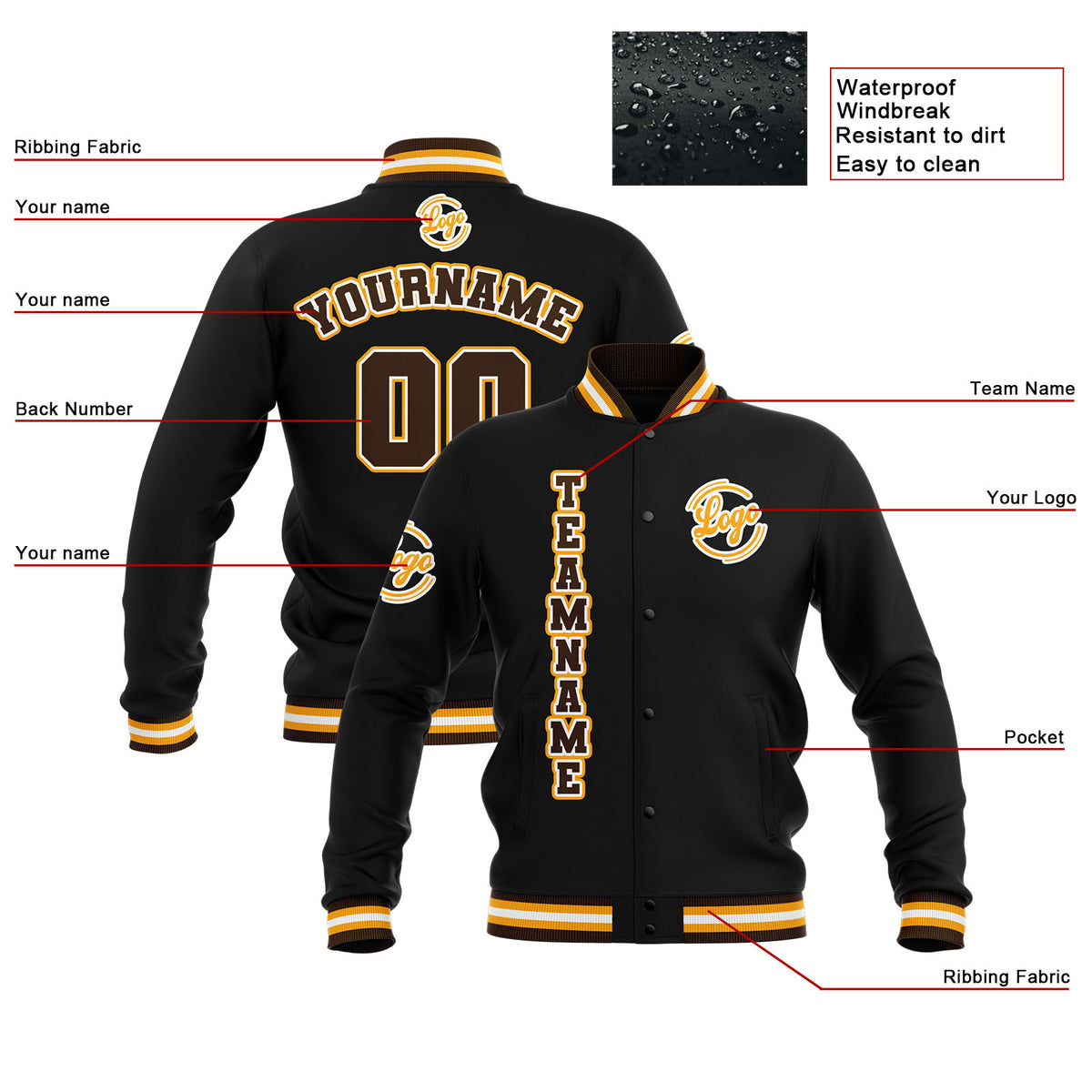 Custom Black Brown Yellow Waterproof Varsity Jackets Personalized Stitched Name Number Logo to Letterman Jackets enthsush