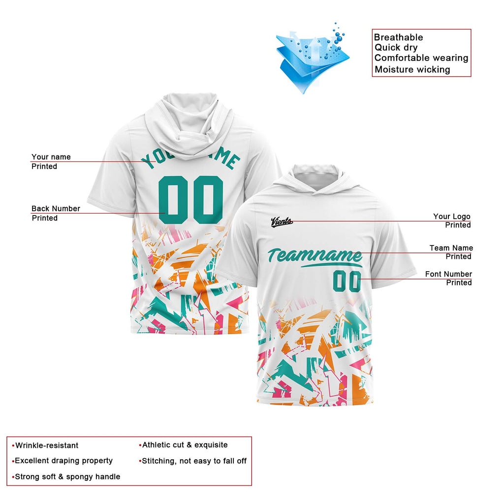 Custom White Teal Short Sleeve Hoodies for Men Women Shirts with Hoods Printed Name Logo enthsush