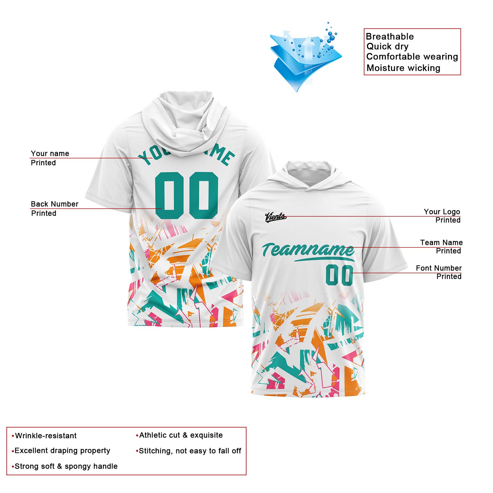 Custom White Teal Short Sleeve Hoodies for Men Women Shirts with Hoods Printed Name Logo enthsush