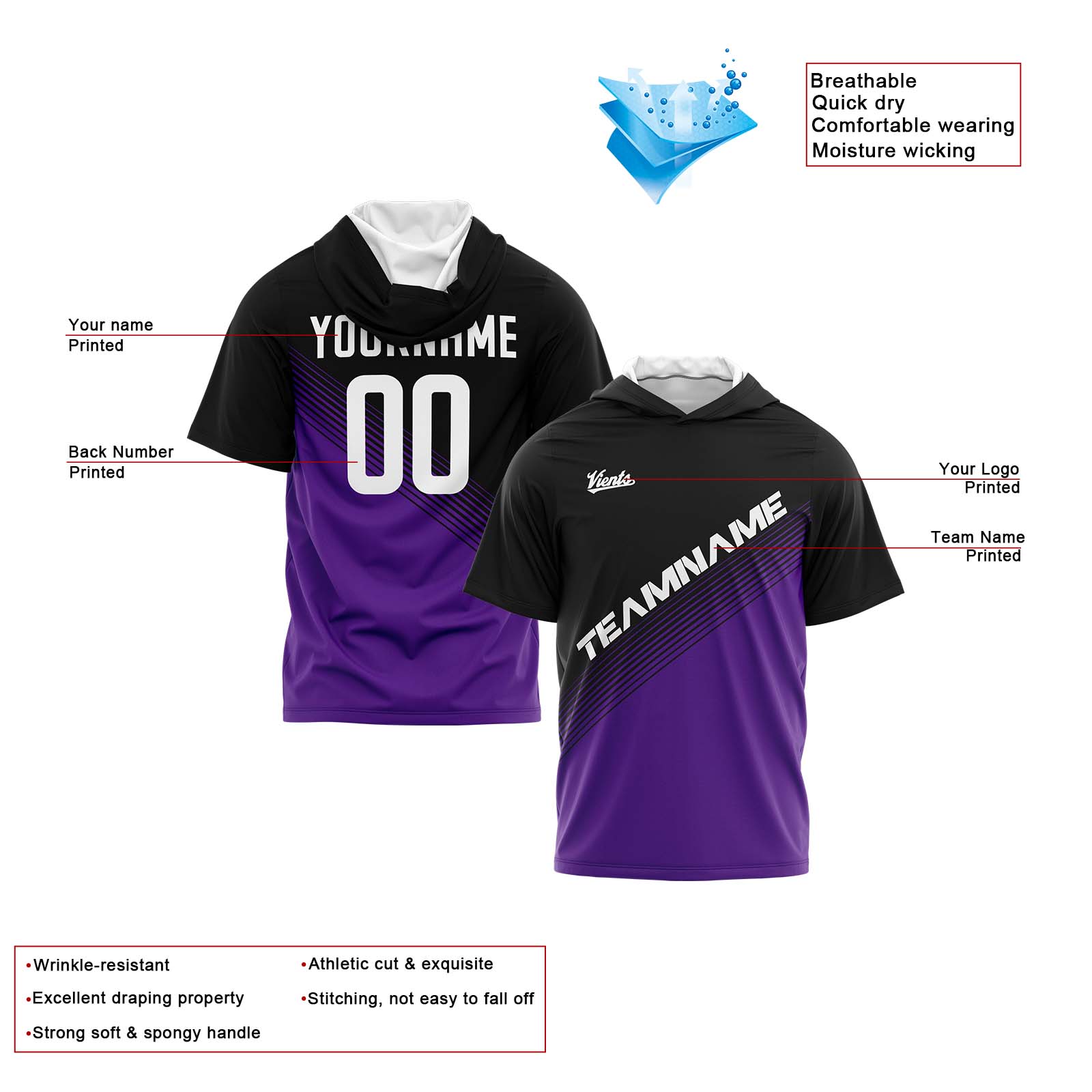 Custom Black Purple Short Sleeve Hoodies for Men Women Shirts with Hoods Printed Name Logo enthsush