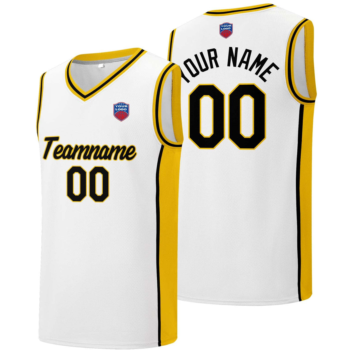 Custom basketball jersey shorts for men and women. Embroidered and printed name, number and logo White enthsush