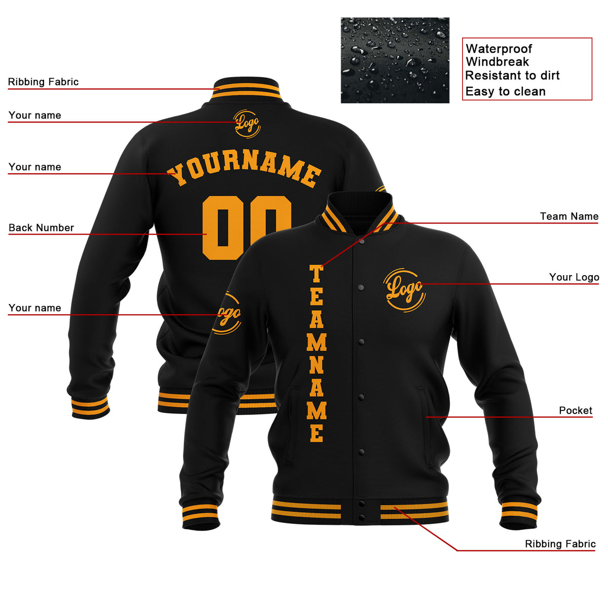 Custom Black Yellow Waterproof Varsity Jackets Personalized Stitched Name Number Logo to Letterman Jackets enthsush