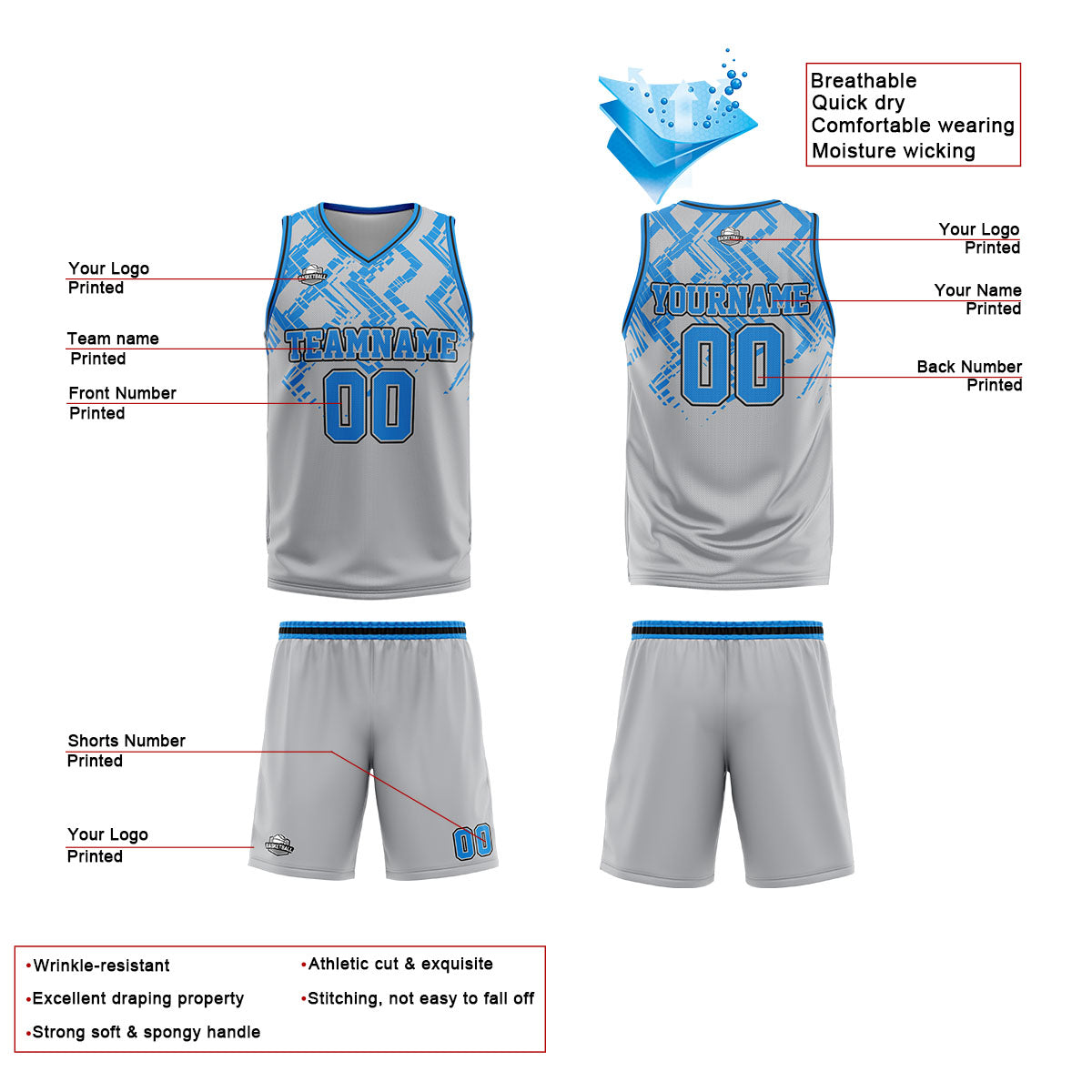 Custom Grey Blue Reversible Basketball Suit for Adults and Kids Personalized Jersey enthsush