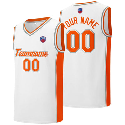 Custom basketball jersey shorts for men and women. Embroidered and printed name, number and logo White enthsush