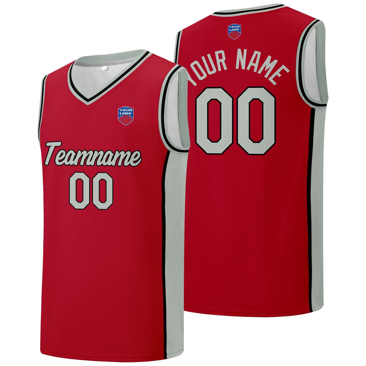 Custom basketball jersey shorts for men and women. Embroidered and printed name, number and logo Red&Grey enthsush