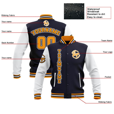 Custom Navy White Yellow Waterproof Varsity Jackets Personalized Stitched Name Number Logo to Letterman Jackets enthsush