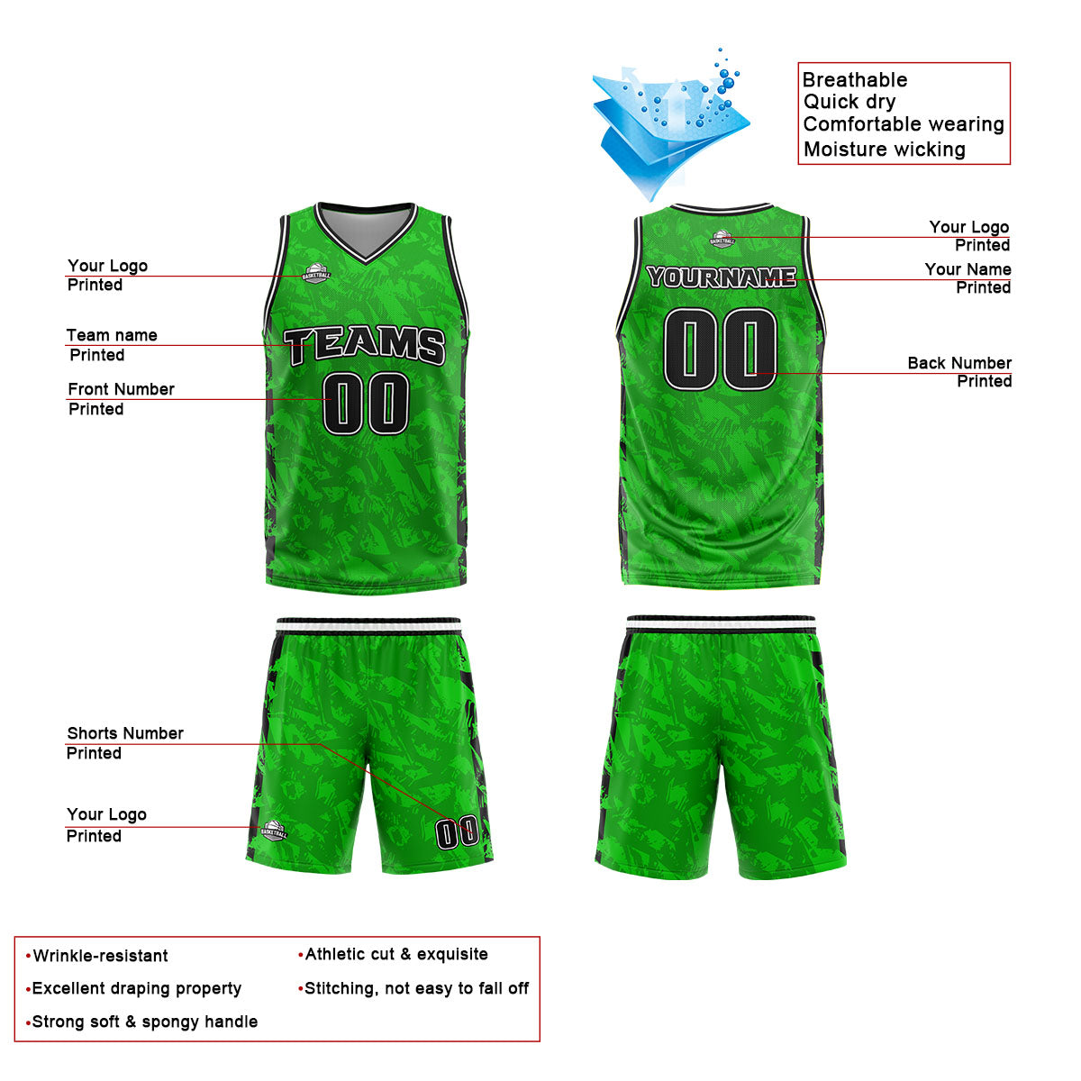 Custom Green Black Basketball Jersey Uniform Suit Printed Your Logo Name Number enthsush