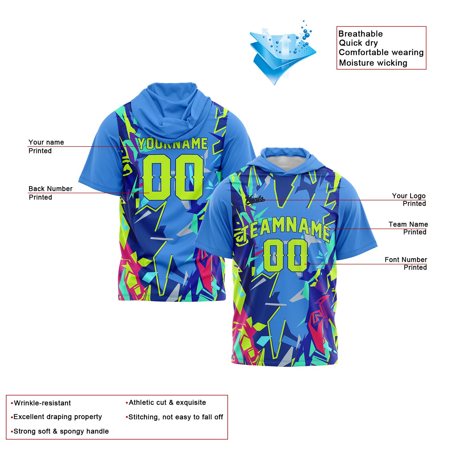 Custom Blue Neon Green Sleeve Hoodies for Men Women Shirts with Hoods Printed Name Logo enthsush