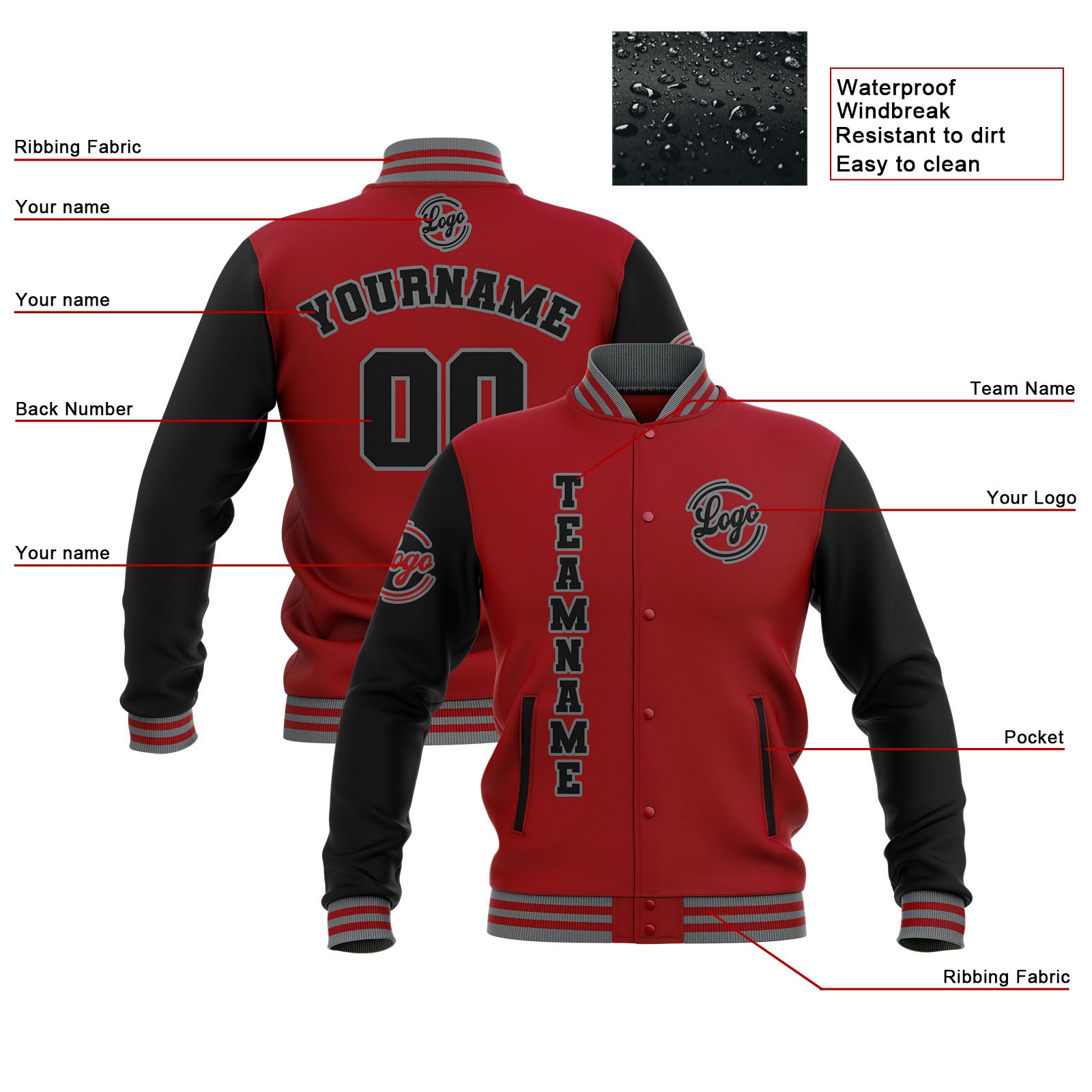 Custom Black Red Grey Waterproof Varsity Jackets Personalized Stitched Name Number Logo to Letterman Jackets enthsush