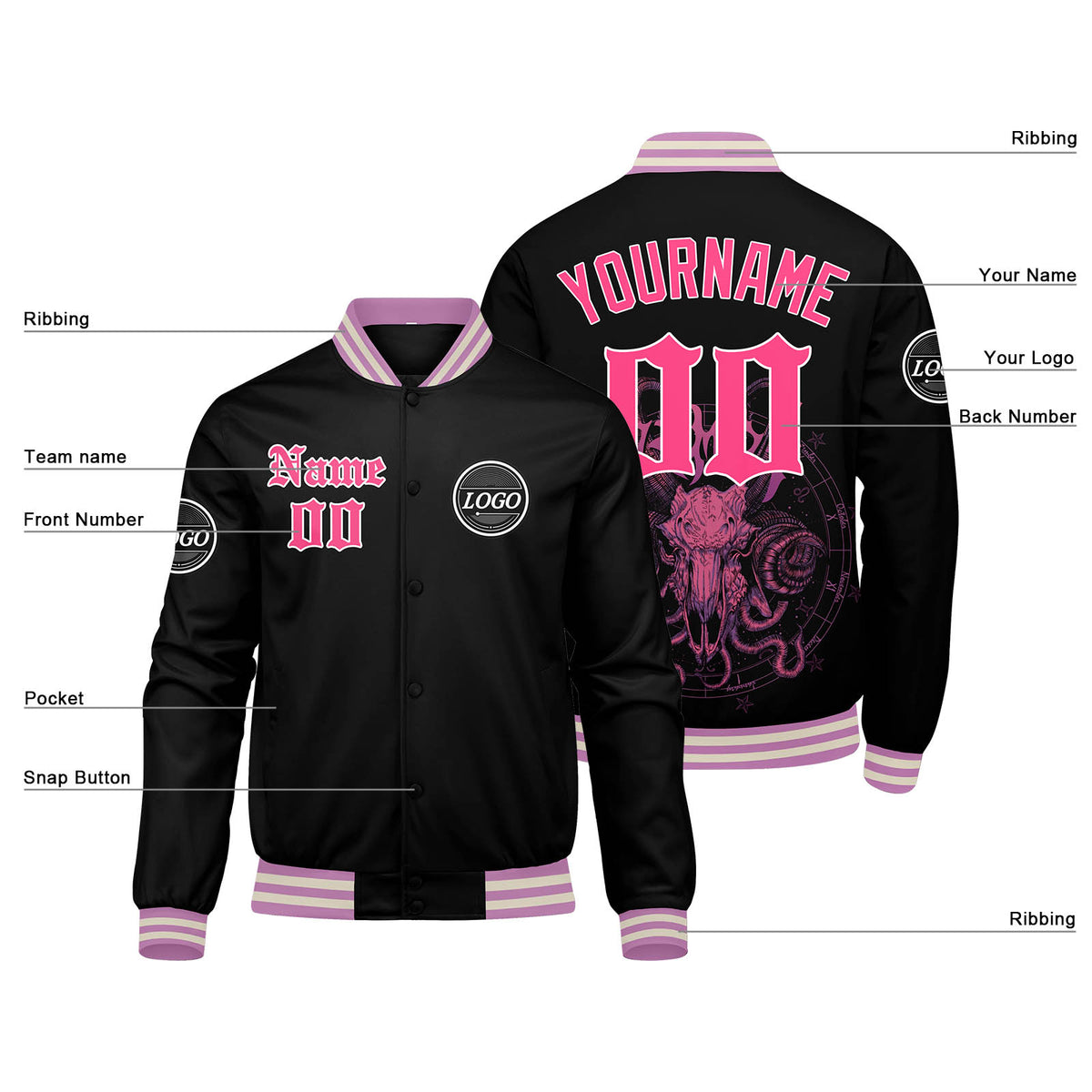 Custom Varsity Jacket Letterman jacket for Men, Women and Youth Pink enthsush