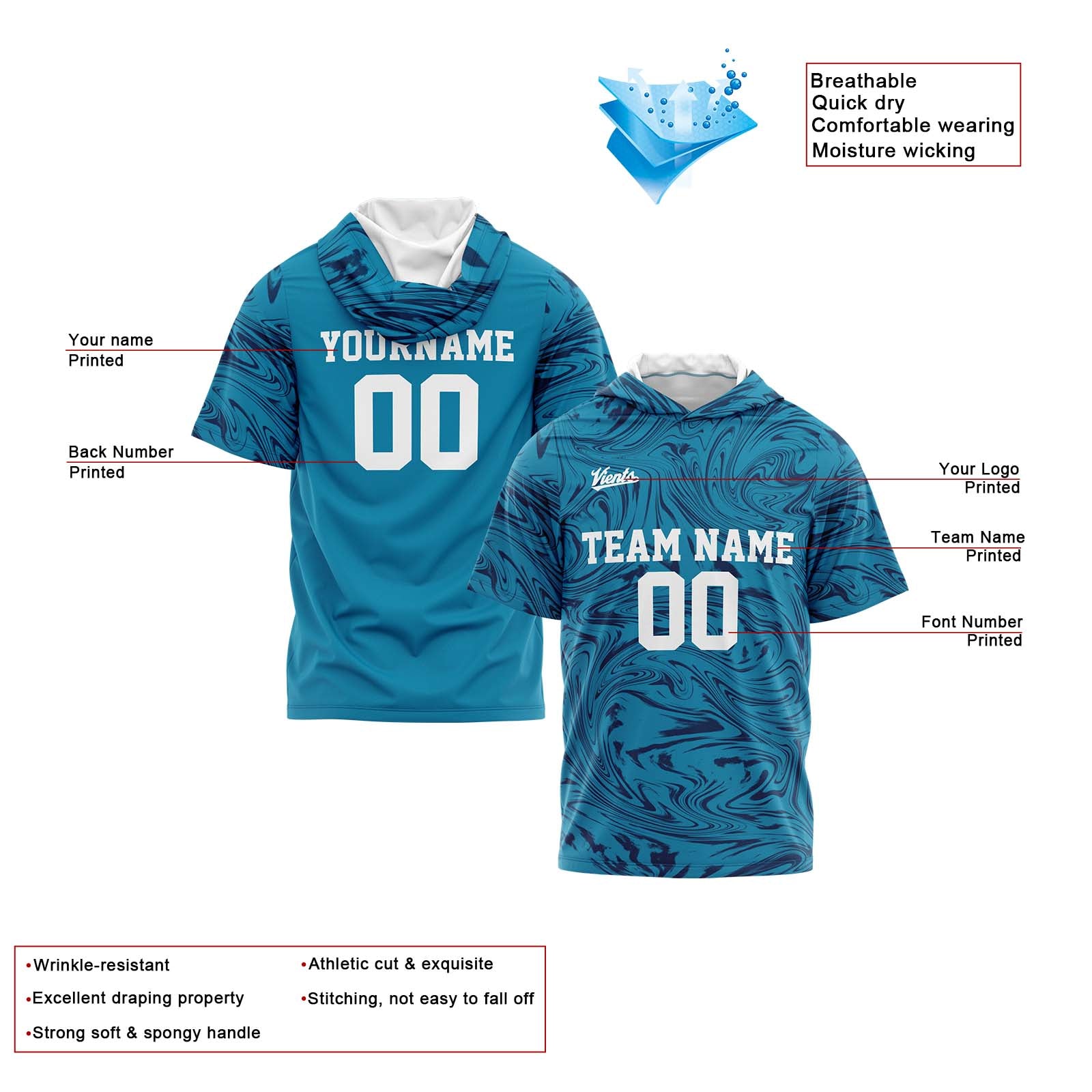 Custom Aqua Navy Sleeve Hoodies for Men Women Shirts with Hoods Printed Name Logo enthsush
