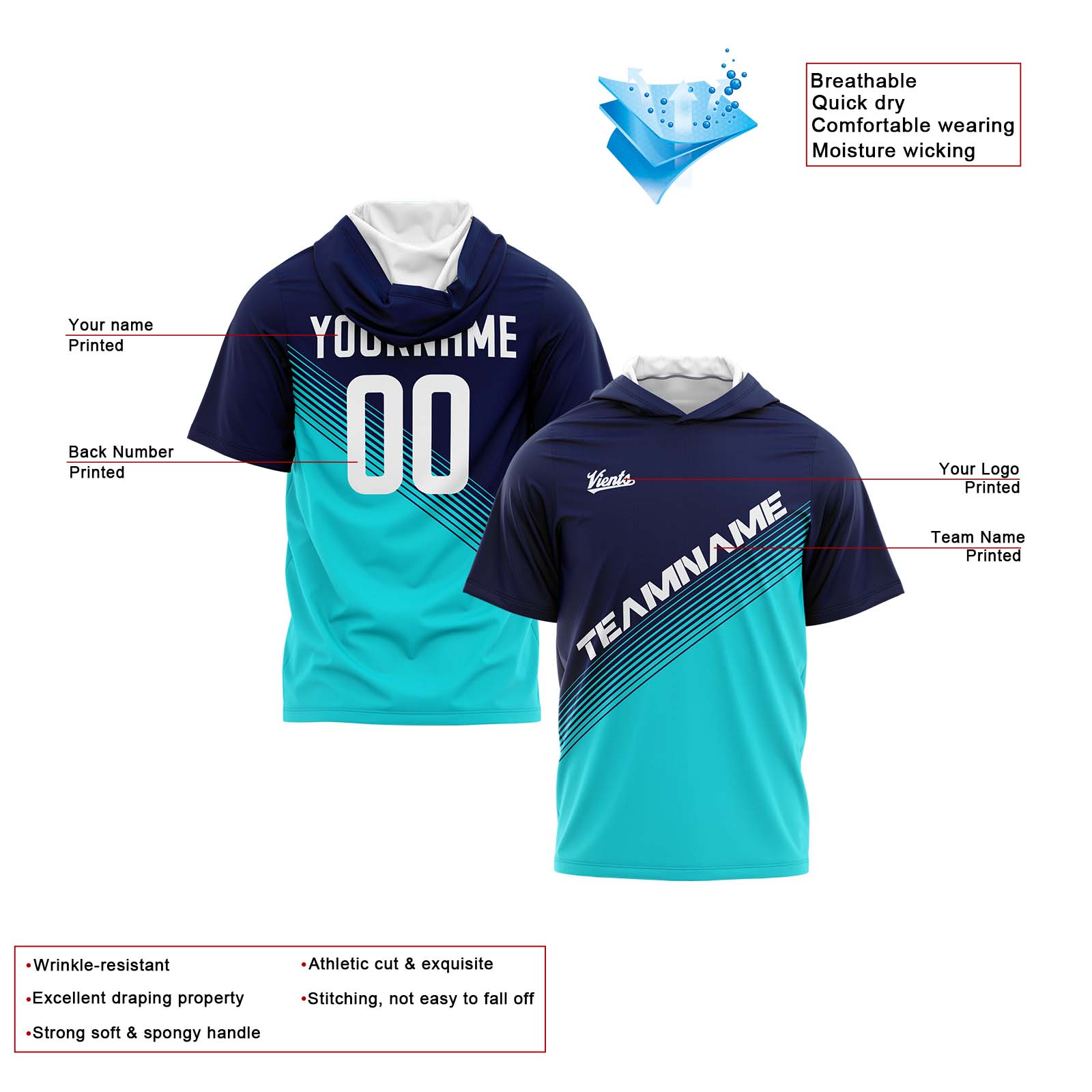 Custom Navy Teal Short Sleeve Hoodies for Men Women Shirts with Hoods Printed Name Logo enthsush