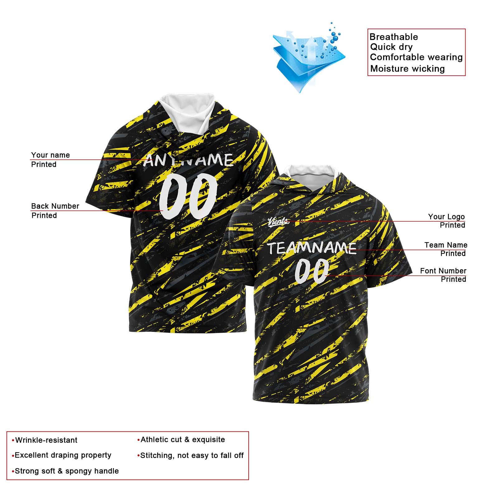 Custom Black Yellow Short Sleeve Hoodies for Men Women Shirts with Hoods Printed Name Logo enthsush