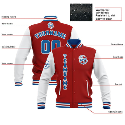Custom Red White Blue Waterproof Varsity Jackets Personalized Stitched Name Number Logo to Letterman Jackets enthsush