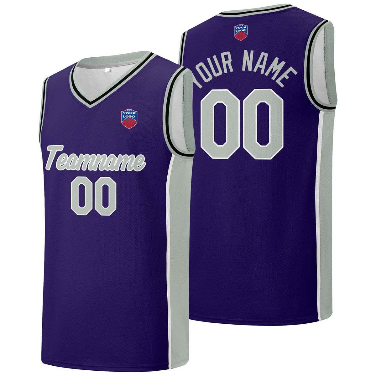 Custom basketball jersey shorts for men and women. Embroidered and printed name, number and logo Purple enthsush