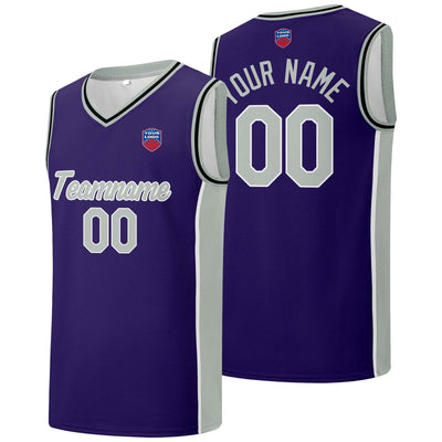 Custom basketball jersey shorts for men and women. Embroidered and printed name, number and logo Purple enthsush