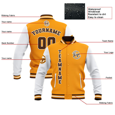 Custom Yellow White Brown Waterproof Varsity Jackets Personalized Stitched Name Number Logo to Letterman Jackets enthsush