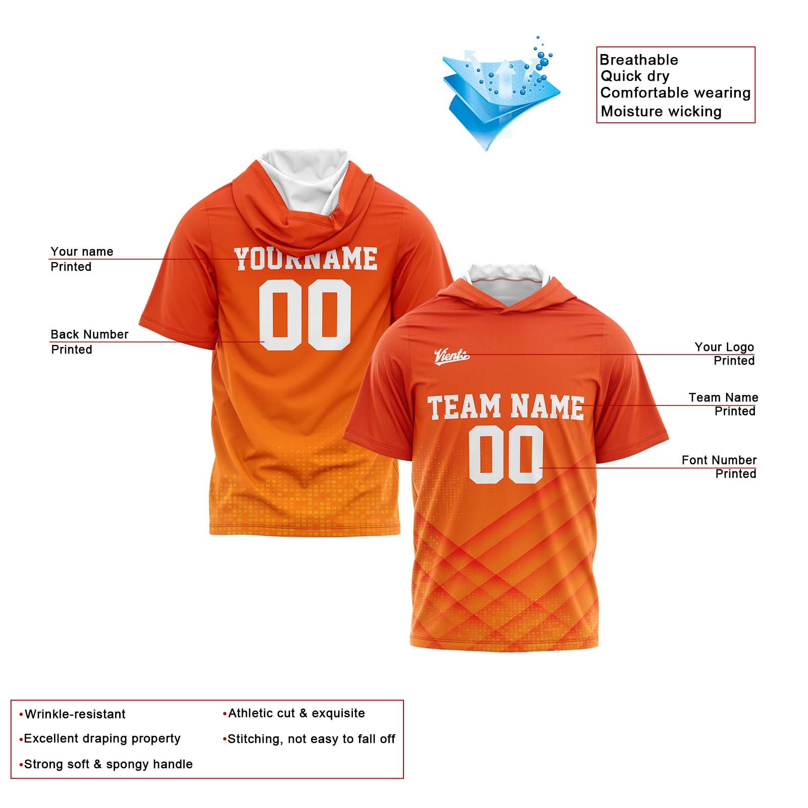 Custom Orange Sleeve Hoodies for Men Women Shirts with Hoods Printed Name Logo enthsush