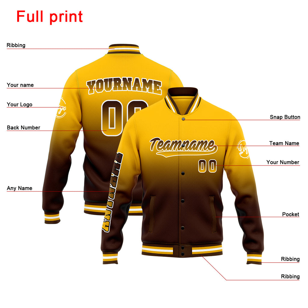 Custom Gradient Varsity Jacket Letterman jacket for Men, Women and Youth Yellow&Brown enthsush