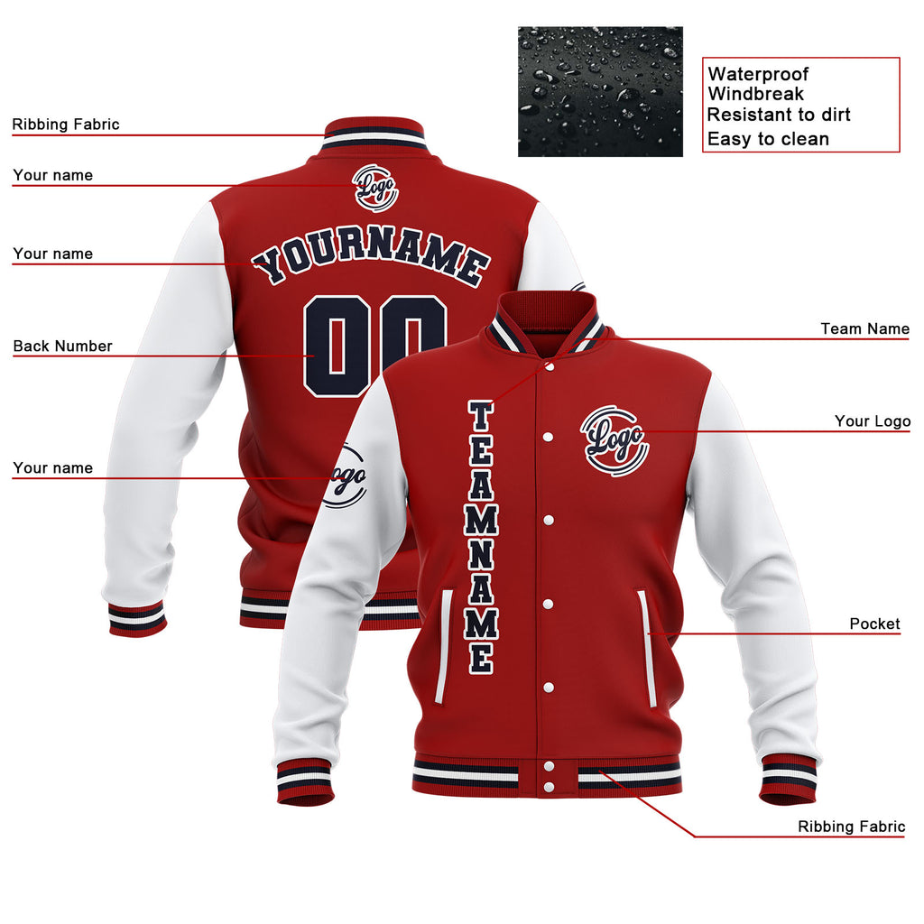 Custom Red White Navy Waterproof Varsity Jackets Personalized Stitched Name Number Logo to Letterman Jackets enthsush