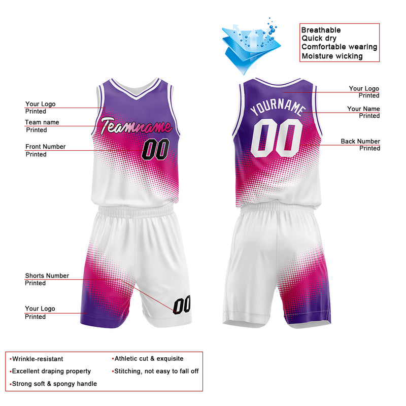 Custom Basketball Jersey Uniform Suit Printed Your Logo Name Number Purple-Hot Pink-White