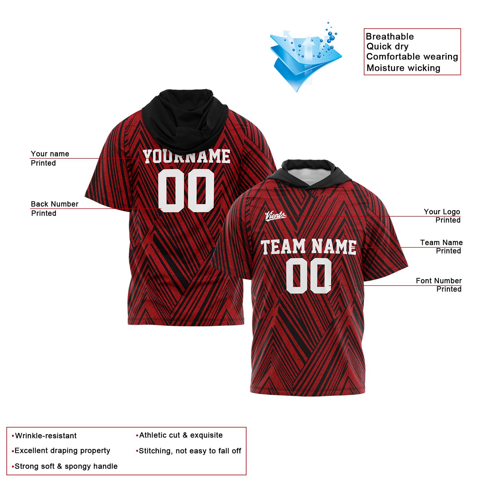 Custom Black Red Sleeve Hoodies for Men Women Shirts with Hoods Printed Name Logo enthsush