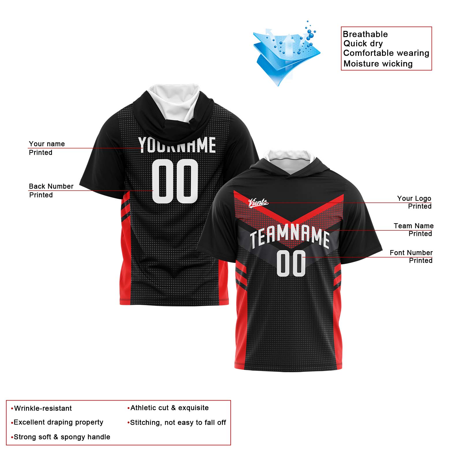 Custom Black Red Short Sleeve Hoodies for Men Women Shirts with Hoods Printed Name Logo enthsush