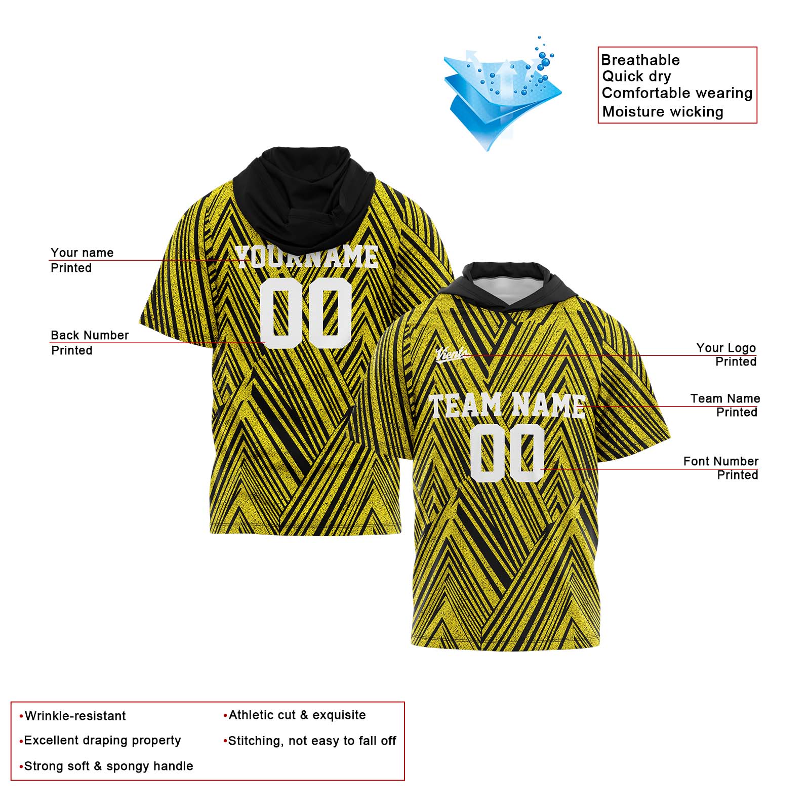 Custom Black Yellow Sleeve Hoodies for Men Women Shirts with Hoods Printed Name Logo enthsush