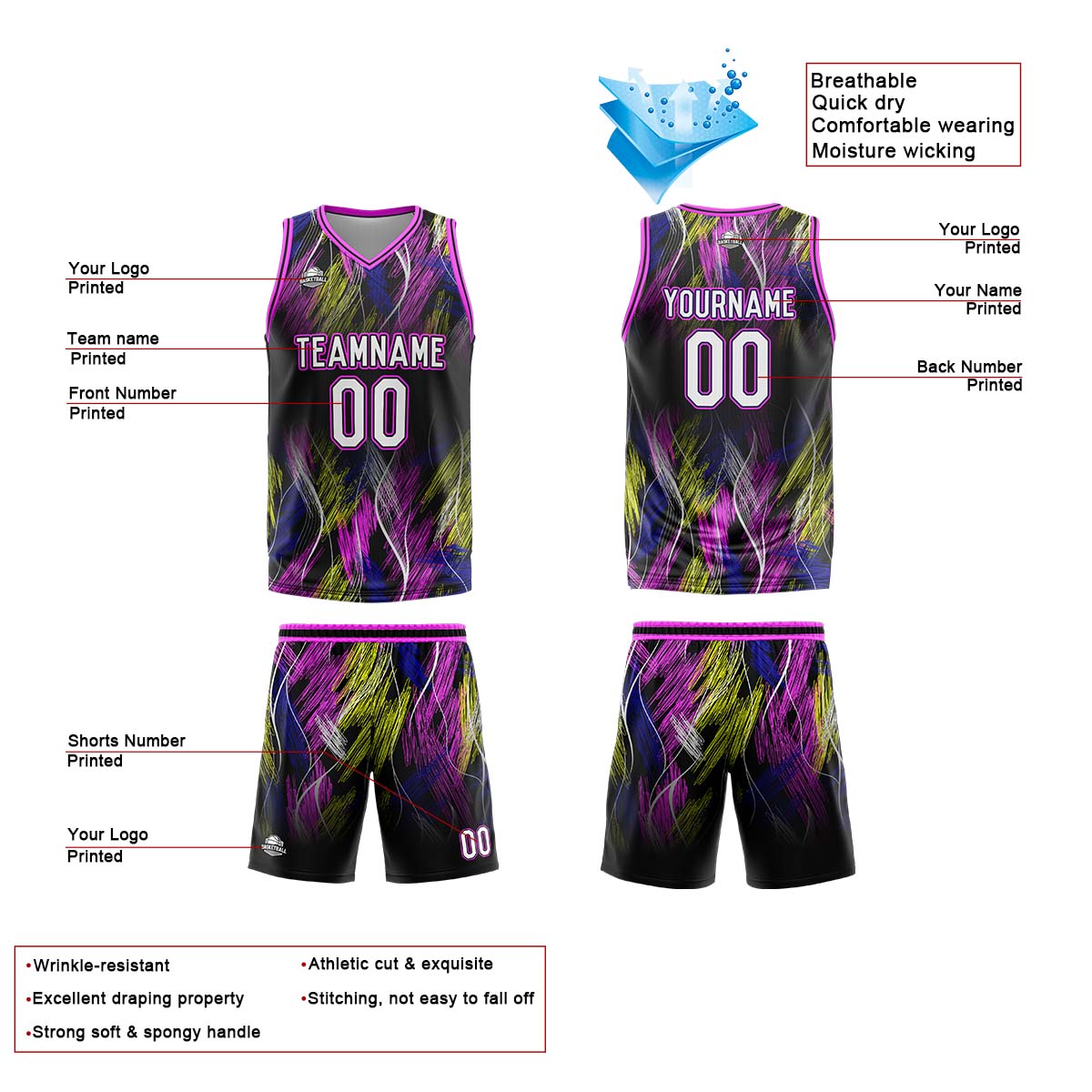 Custom Black Pink Basketball Jersey Uniform Suit Printed Your Logo Name Number enthsush