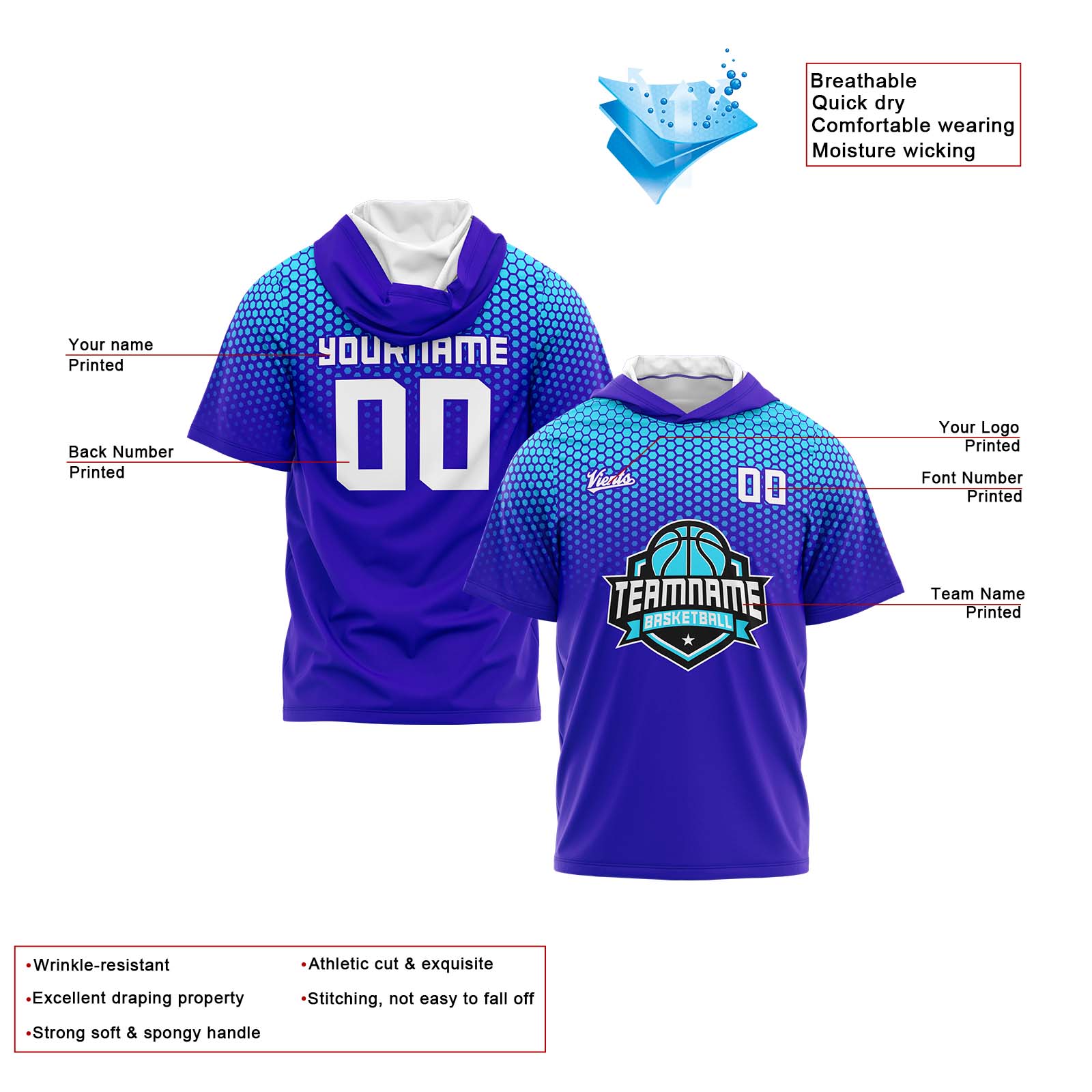 Custom Purple Light Short Sleeve Hoodies for Men Women Shirts with Hoods Printed Name Logo enthsush
