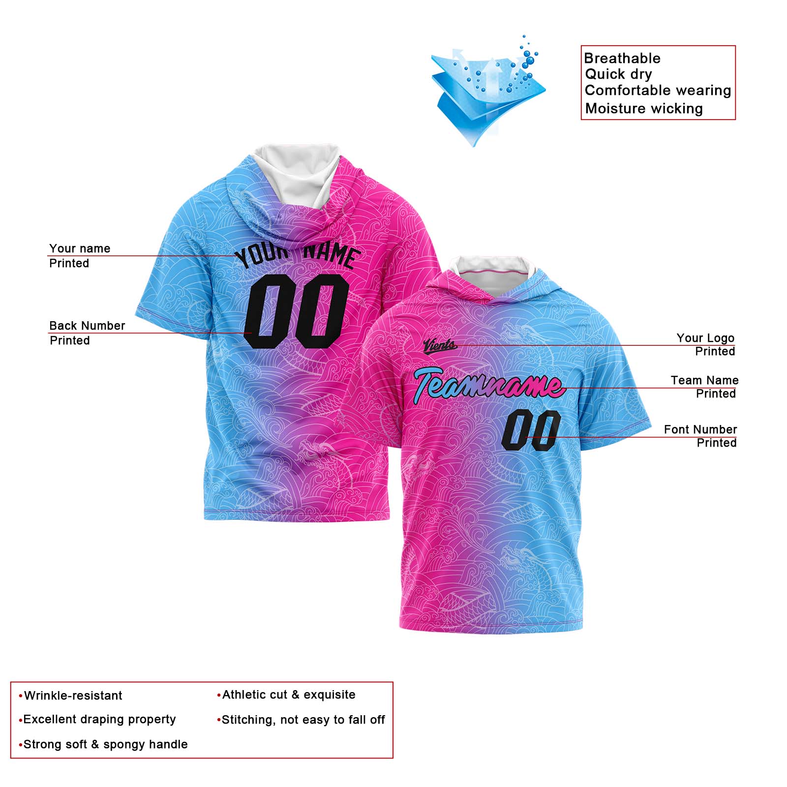 Custom Pink Light Blue Short Sleeve Hoodies for Men Women Shirts with Hoods Printed Name Logo enthsush