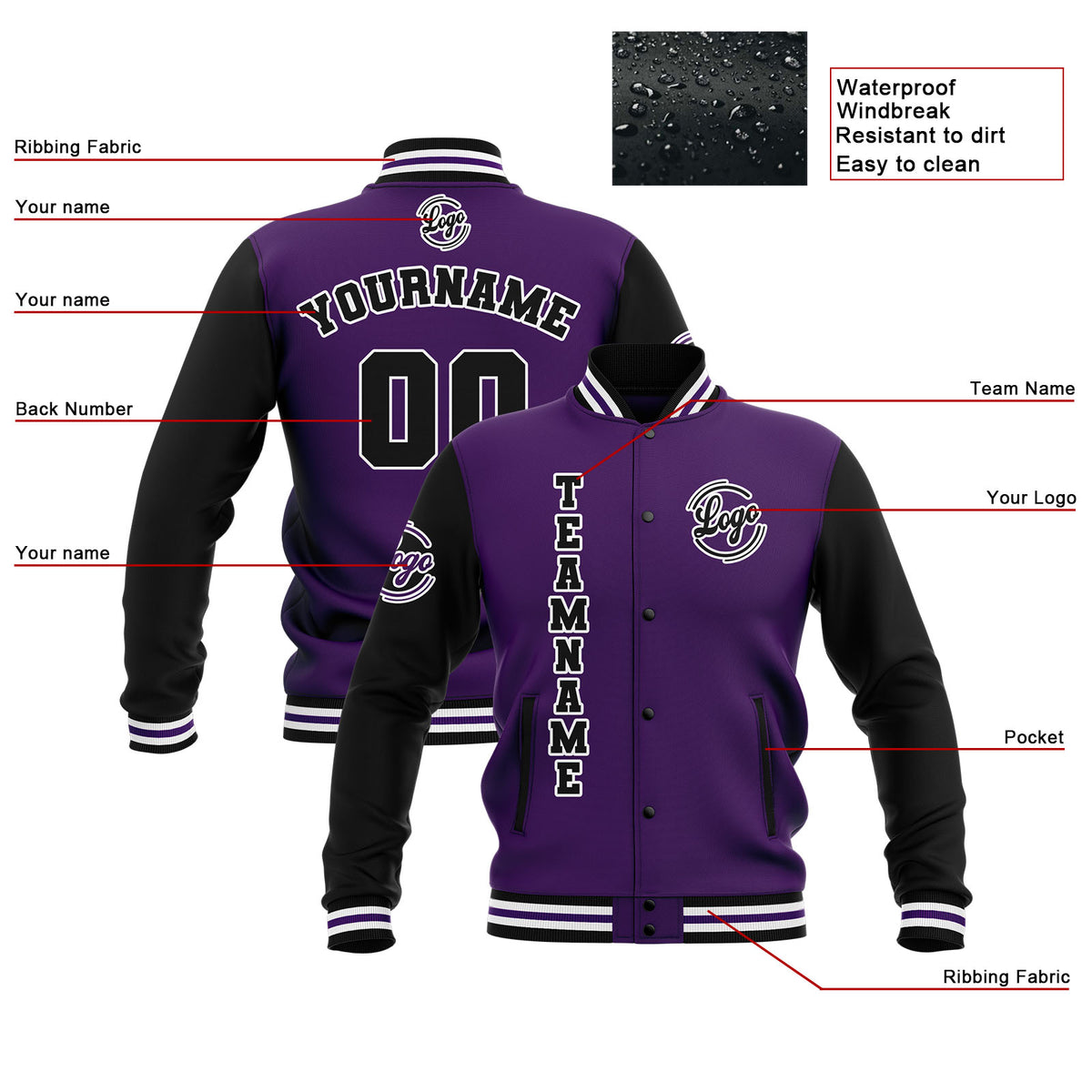 Custom Black Purple White Waterproof Varsity Jackets Personalized Stitched Name Number Logo to Letterman Jackets enthsush