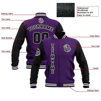 Custom Black Purple White Waterproof Varsity Jackets Personalized Stitched Name Number Logo to Letterman Jackets enthsush