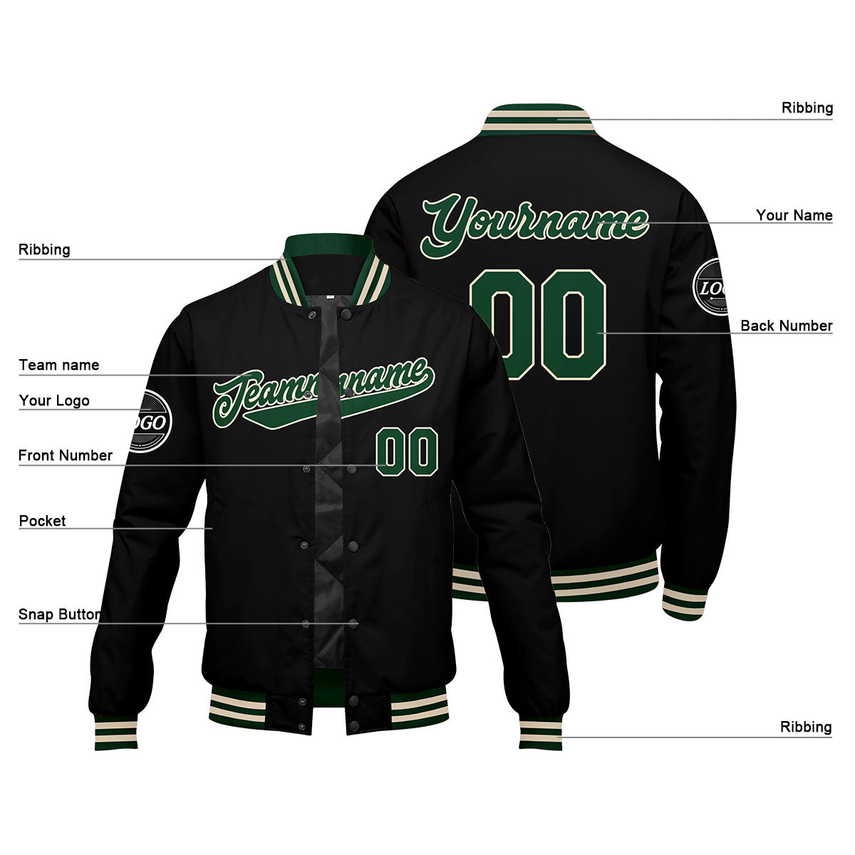 Custom Varsity Jacket Letterman jacket for Men, Women and Youth Dark Green Black Cream enthsush