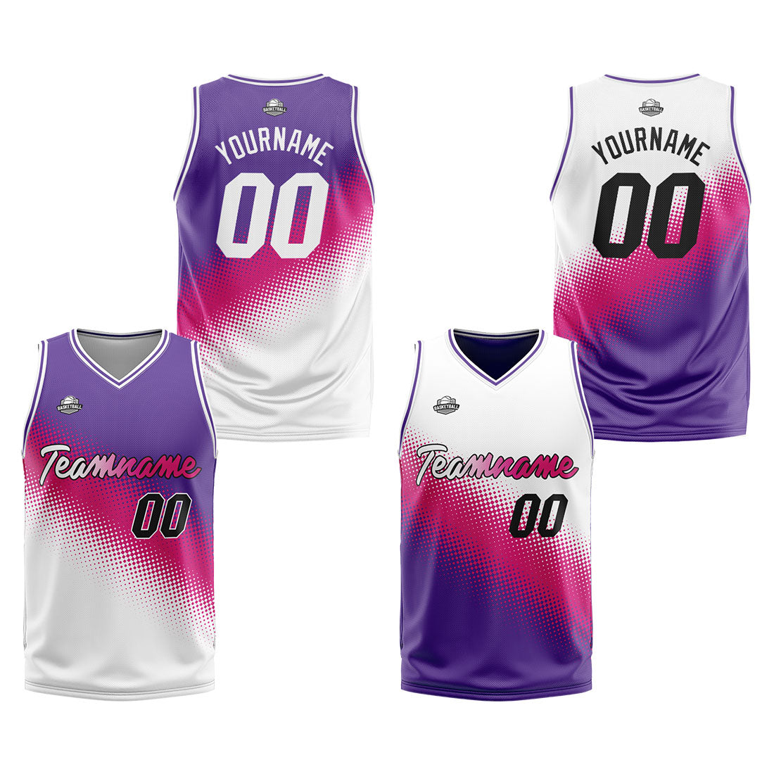 Custom Reversible Basketball Suit for Adults and Kids Personalized Jersey White-Hot Pink-Purple enthsush