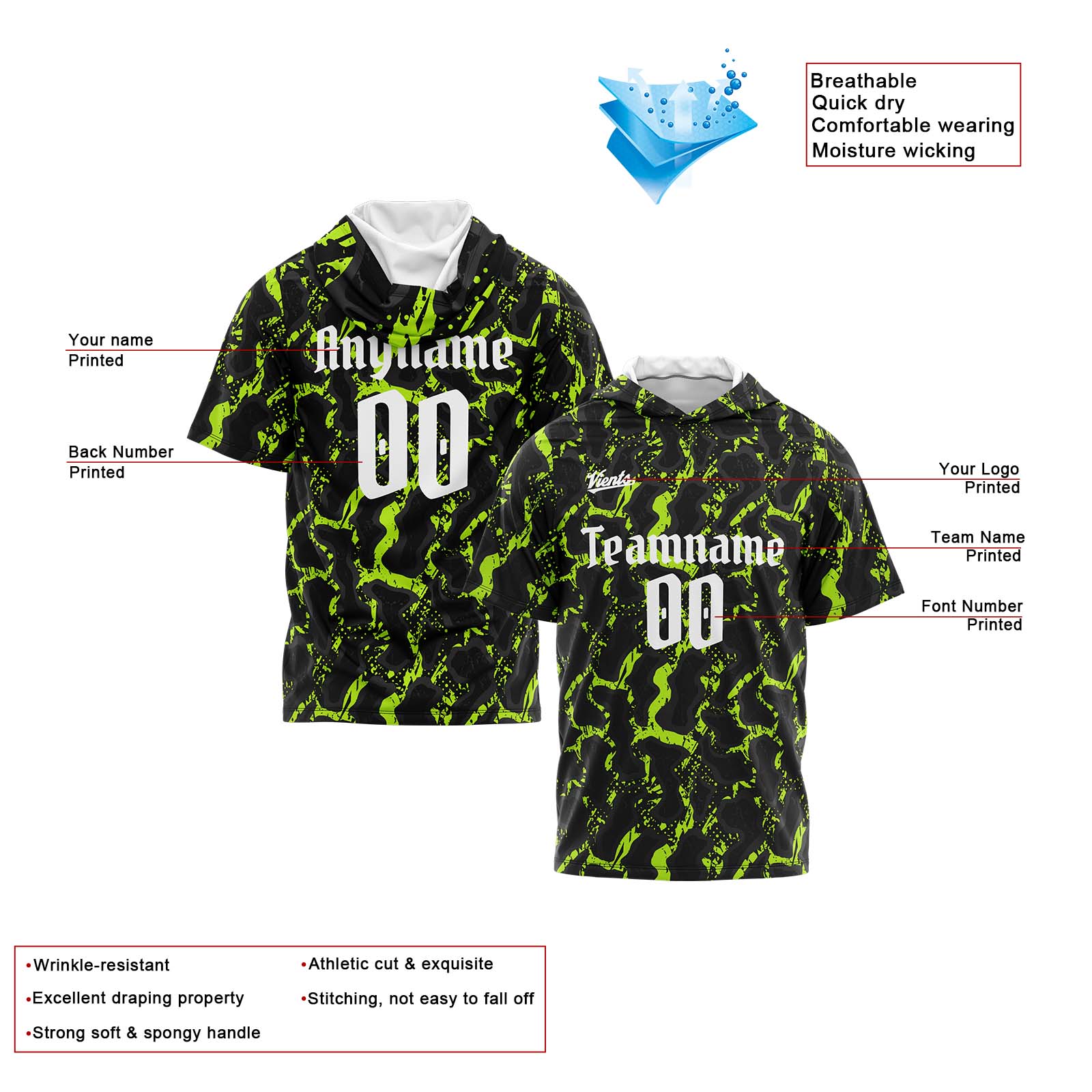 Custom Black Neon Green Short Sleeve Hoodies for Men Women Shirts with Hoods Printed Name Logo enthsush
