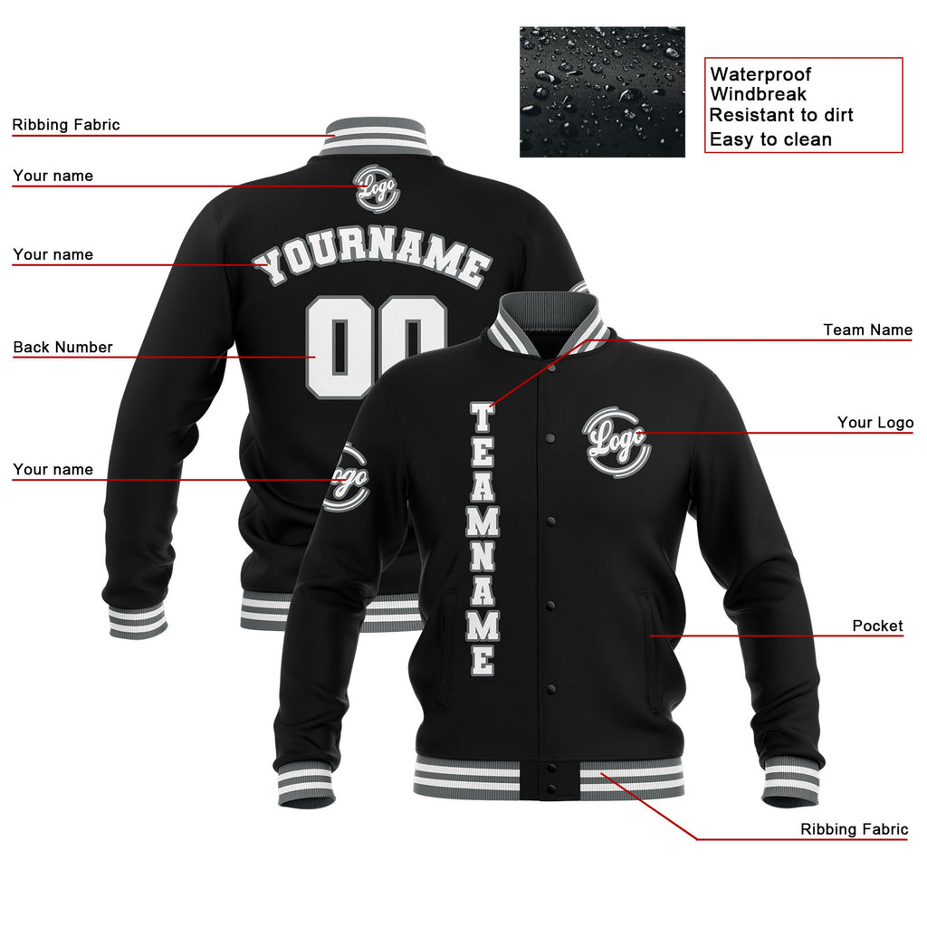 Custom Black Grey White Waterproof Varsity Jackets Personalized Stitched Name Number Logo to Letterman Jackets enthsush