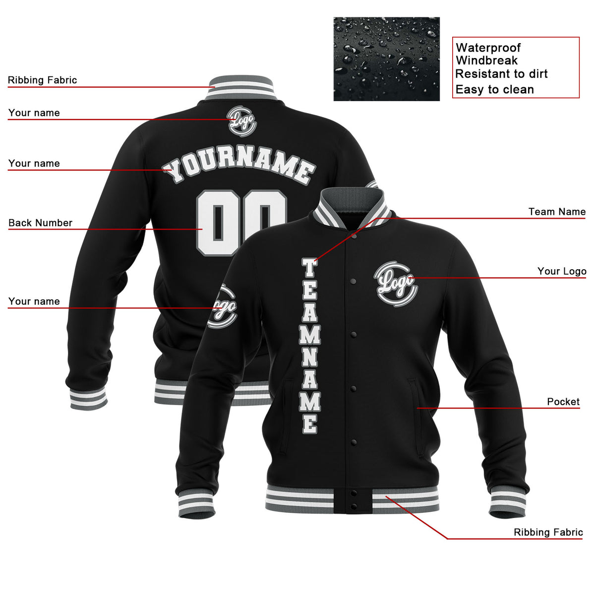 Custom Black Grey White Waterproof Varsity Jackets Personalized Stitched Name Number Logo to Letterman Jackets enthsush