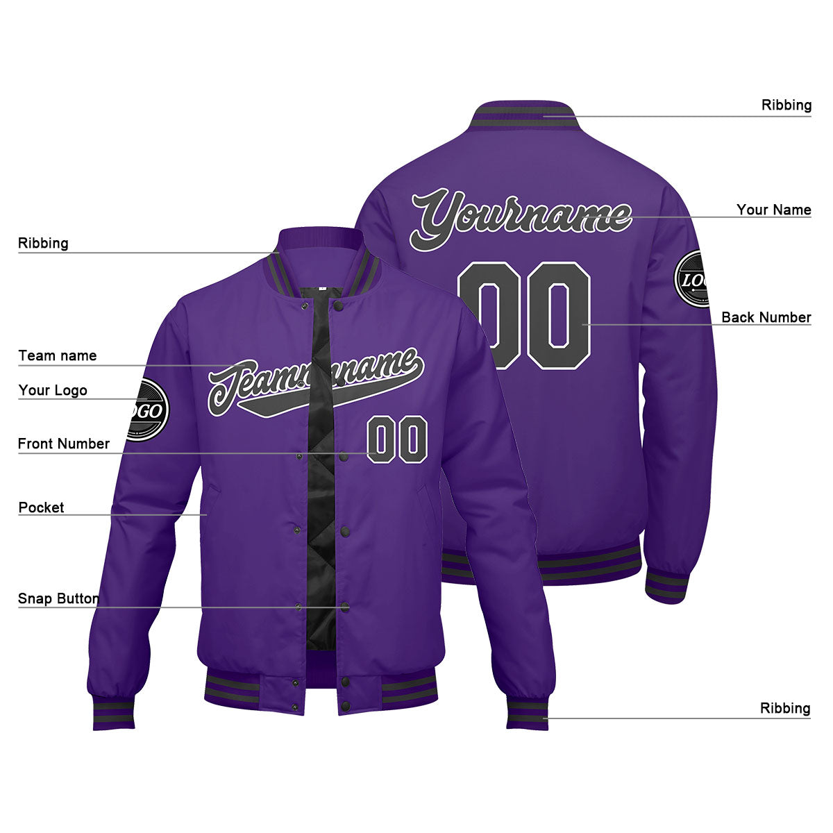 Custom Varsity Jacket Letterman jacket for Men, Women and Youth Purple Grey enthsush