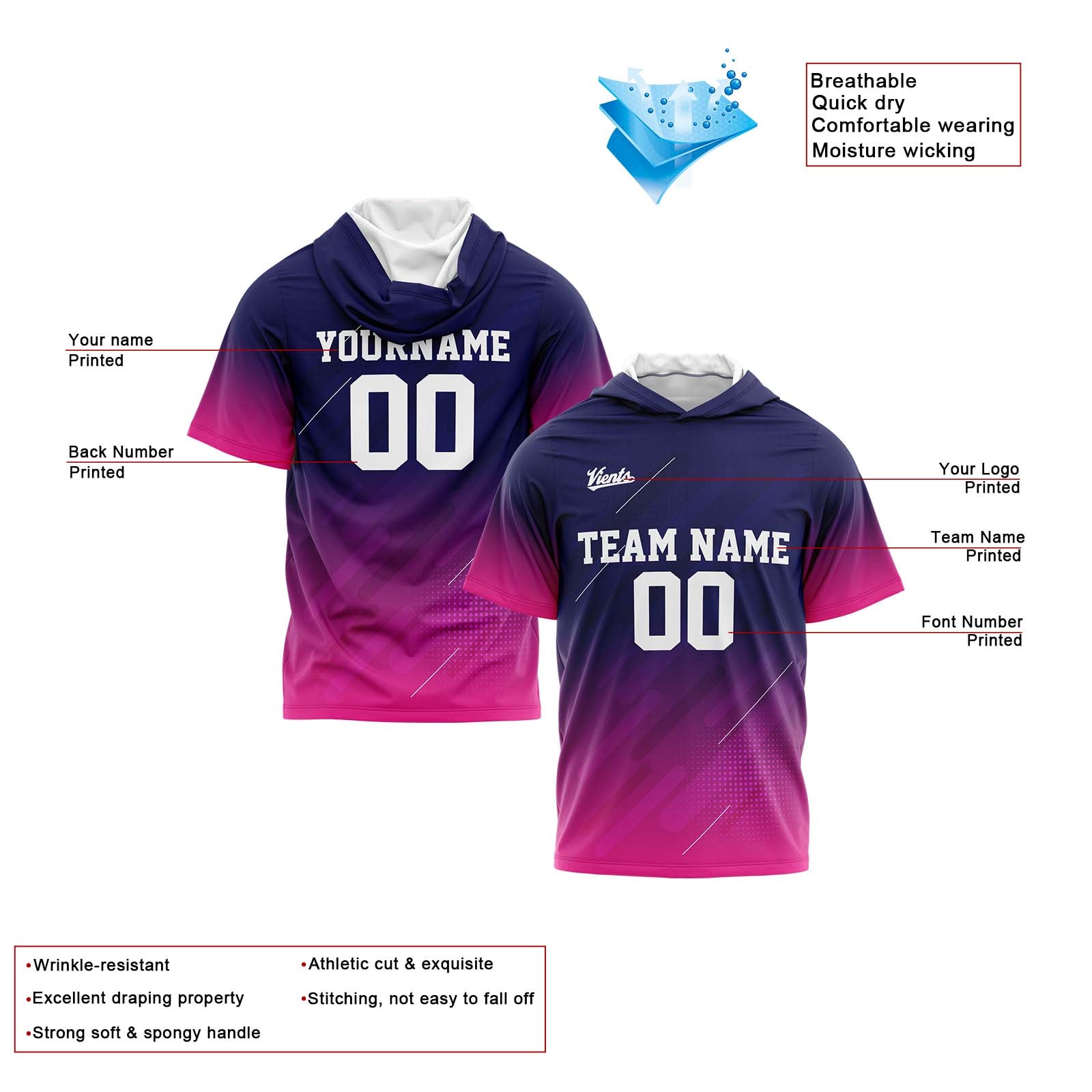 Custom Navy Pink Sleeve Hoodies for Men Women Shirts with Hoods Printed Name Logo enthsush