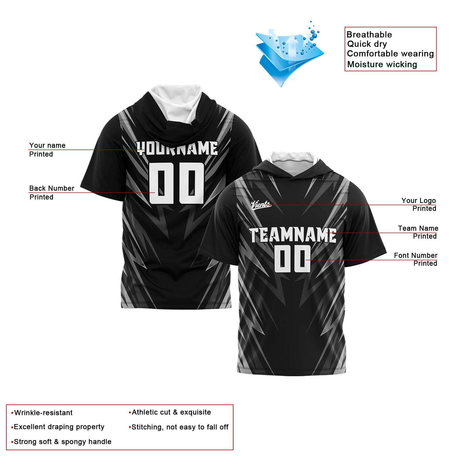 Custom Black Short Sleeve Hoodies for Men Women Shirts with Hoods Printed Name Logo enthsush