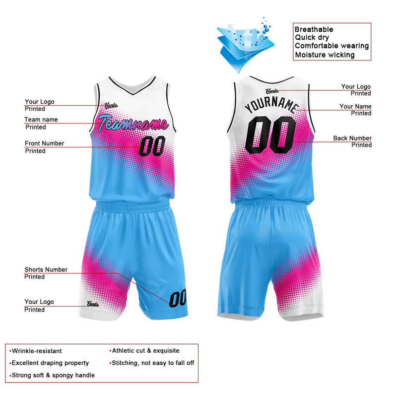 Custom Basketball Jersey Uniform Suit Printed Your Logo Name Number White-Hot Pink-Light Blue