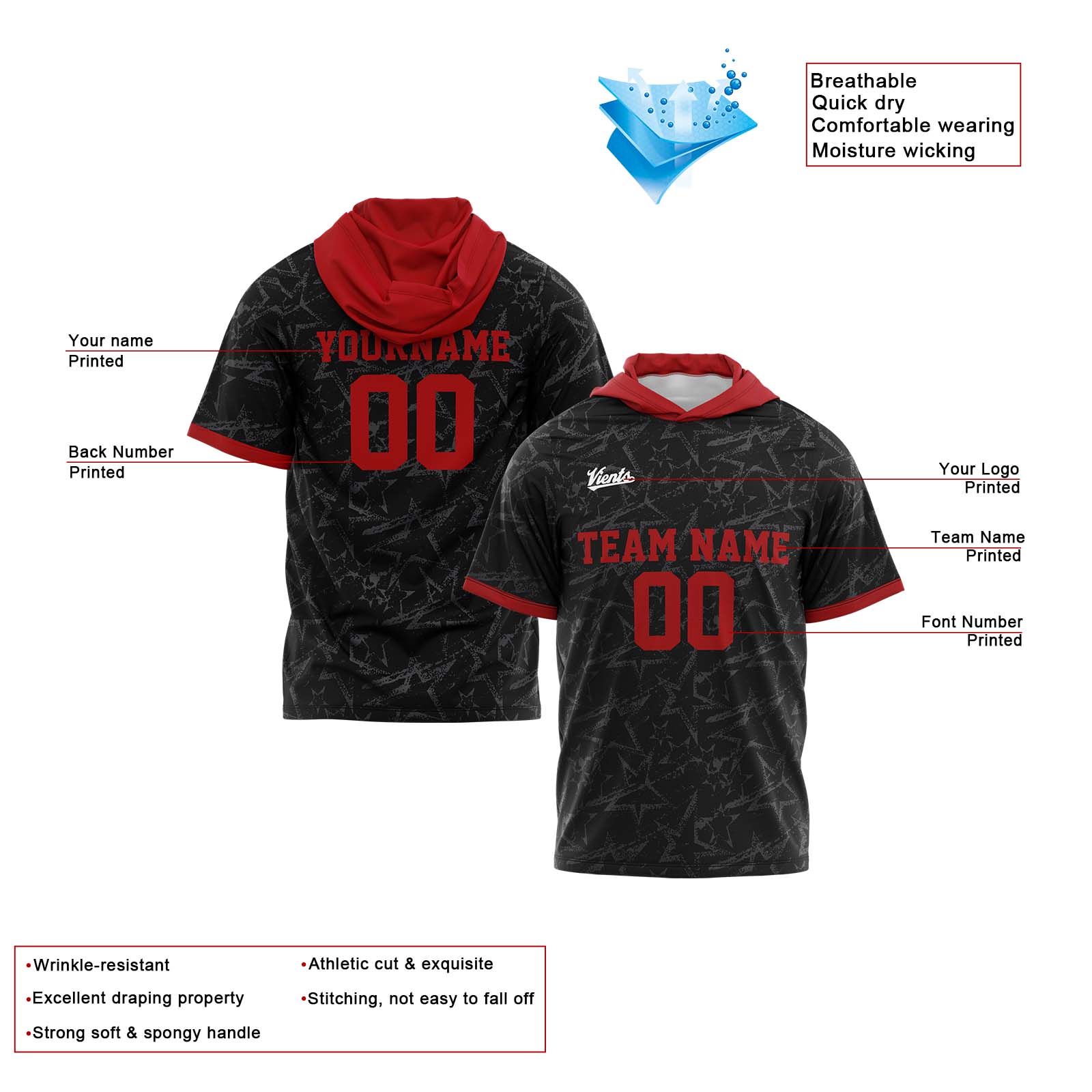 Custom Black Red Sleeve Hoodies for Men Women Shirts with Hoods Printed Name Logo enthsush