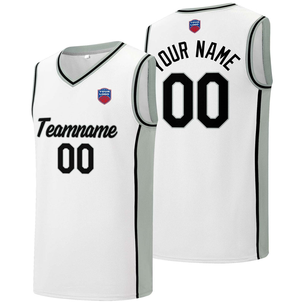 Custom basketball jersey shorts for men and women. Embroidered and printed name, number and logo White&Grey enthsush