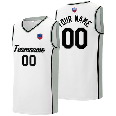 Custom basketball jersey shorts for men and women. Embroidered and printed name, number and logo White&Grey enthsush
